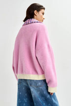 Joilu Pink Textured Cardigan with Black Tweed