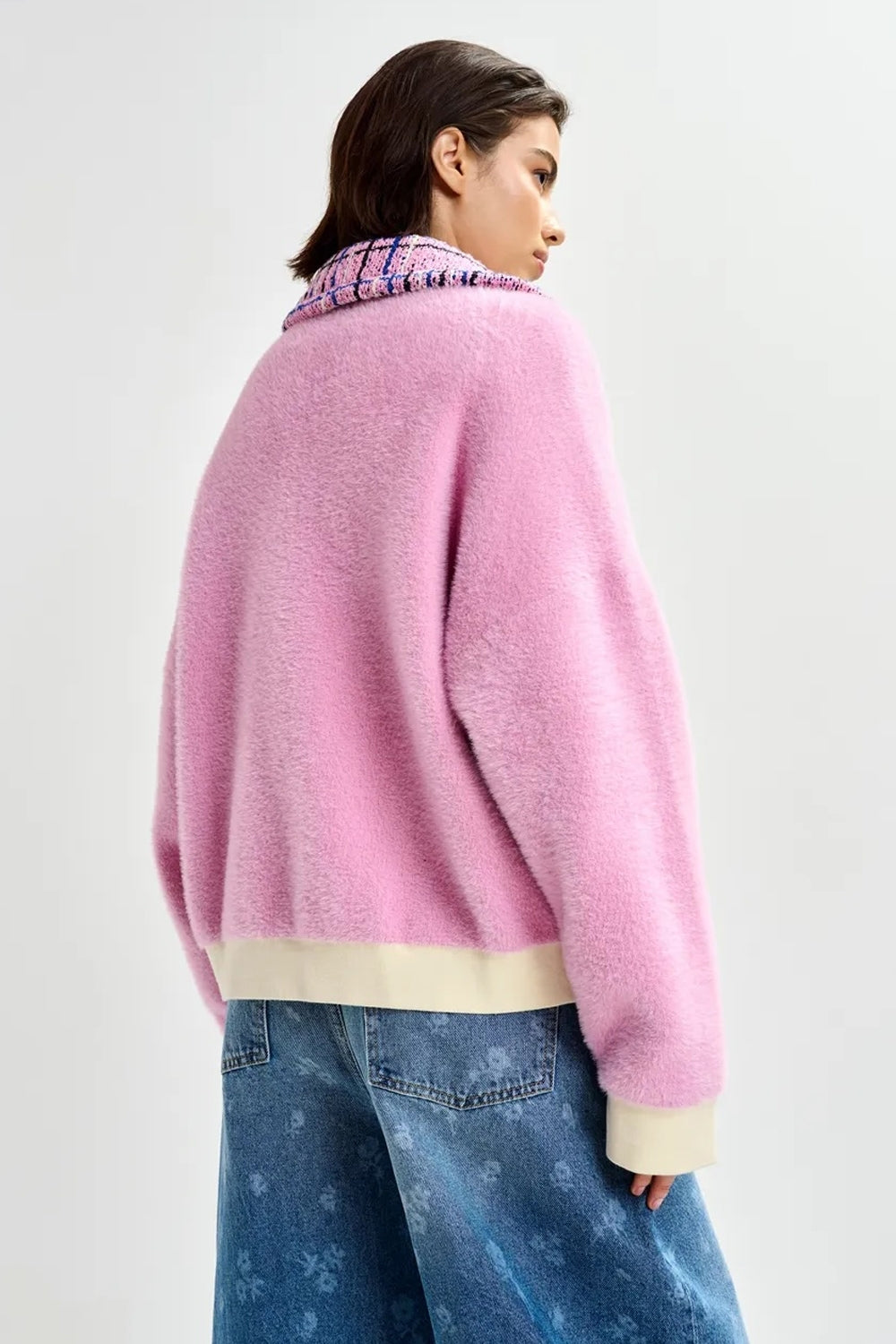 Joilu Pink Textured Cardigan with Black Tweed