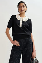 Jewelry Embroidered Knit Polo in Black