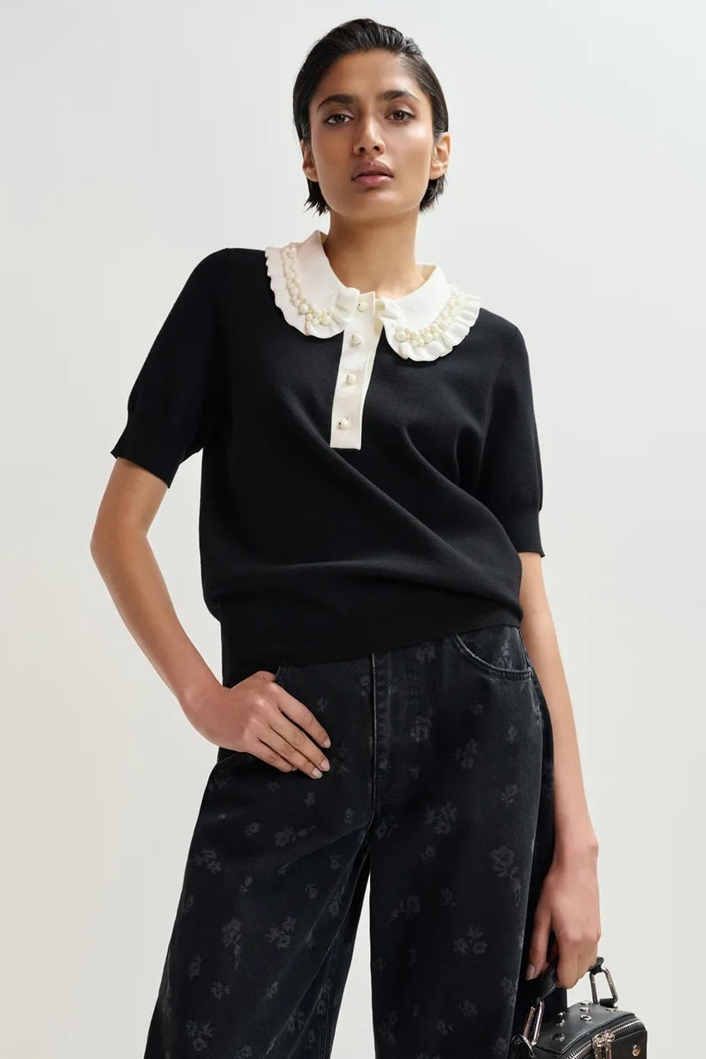 Jewelry Embroidered Knit Polo in Black