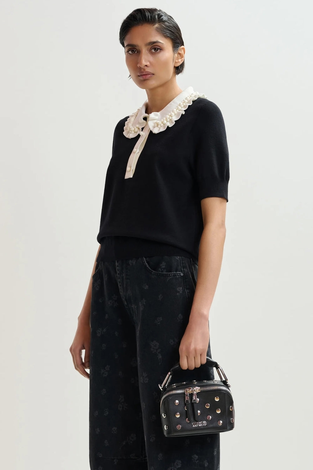 Jewelry Embroidered Knit Polo in Black