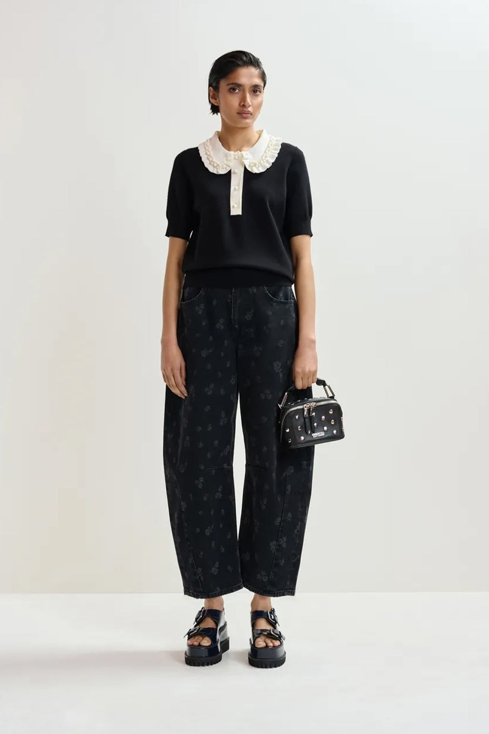 Jewelry Embroidered Knit Polo in Black