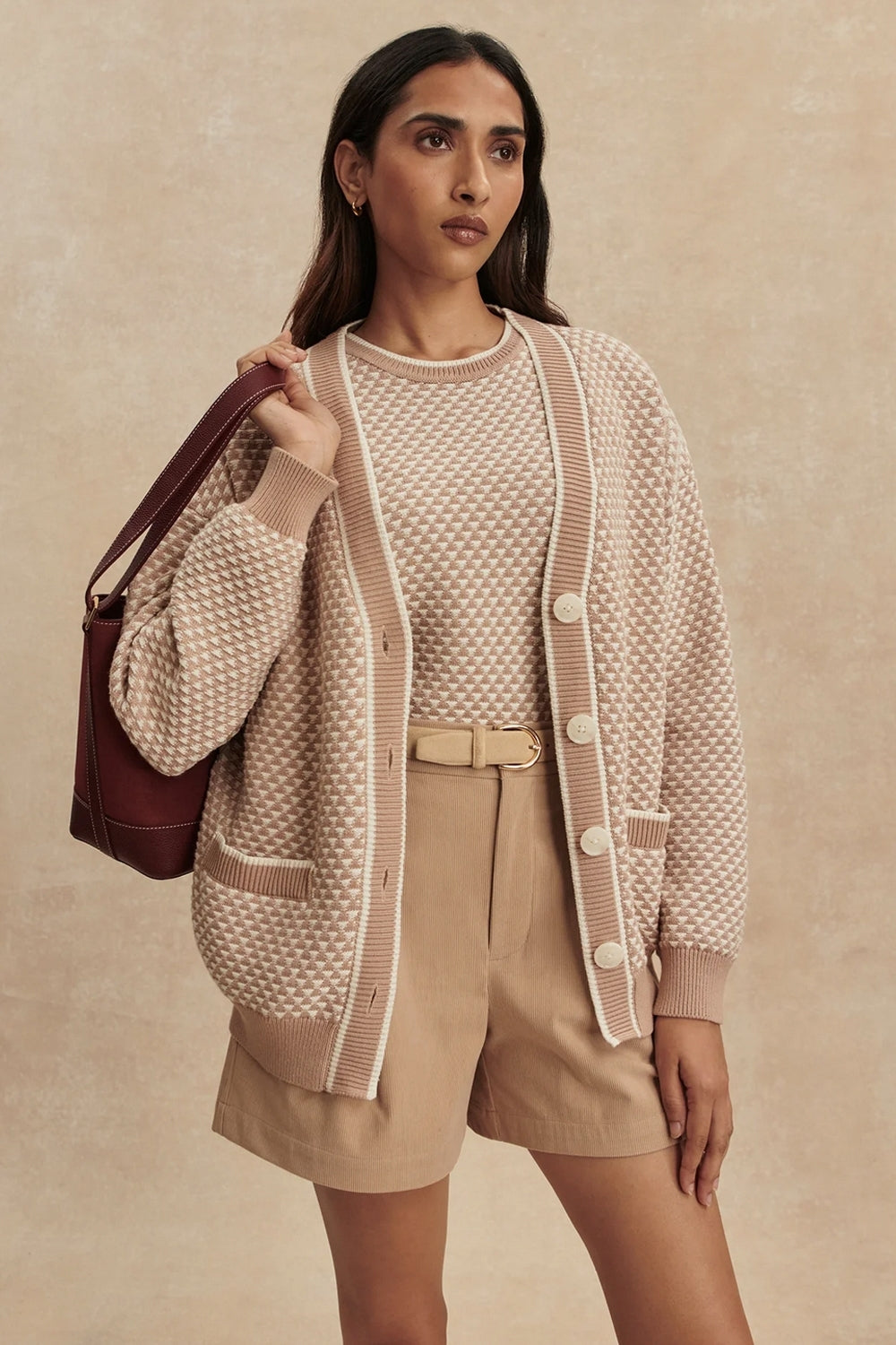Tarran Stitch Knit Cardigan in Light Taupe