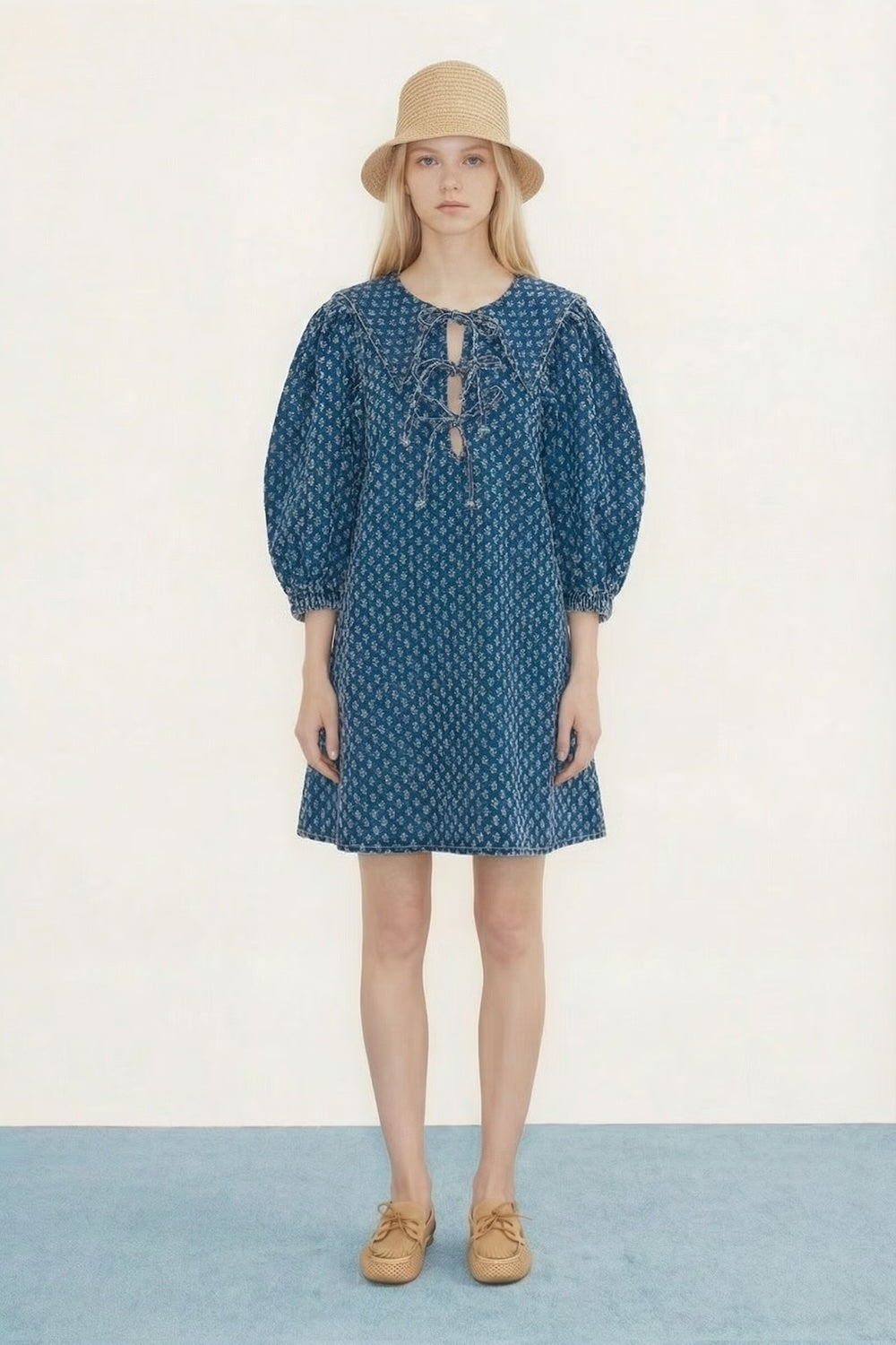 Puff Sleeves Denim Dress in Light Navy