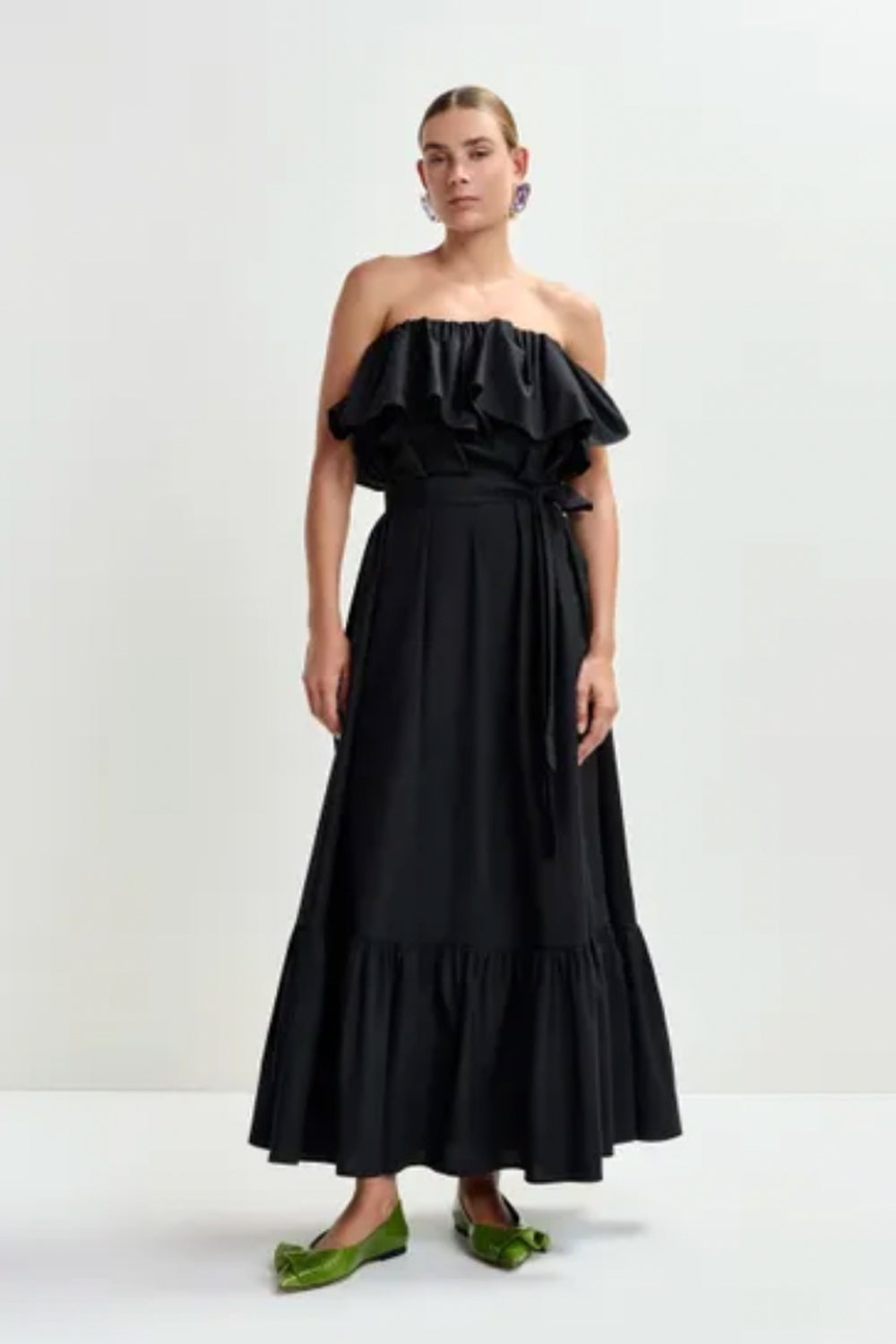 Joyce Belted Strapless Ruffle Maxi Dress in Black