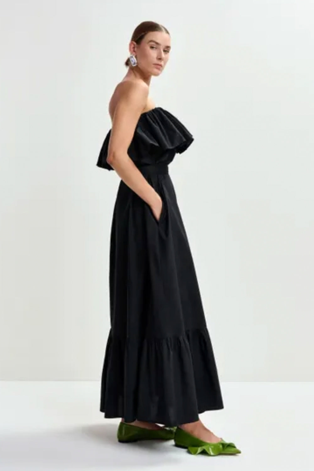 Joyce Belted Strapless Ruffle Maxi Dress in Black