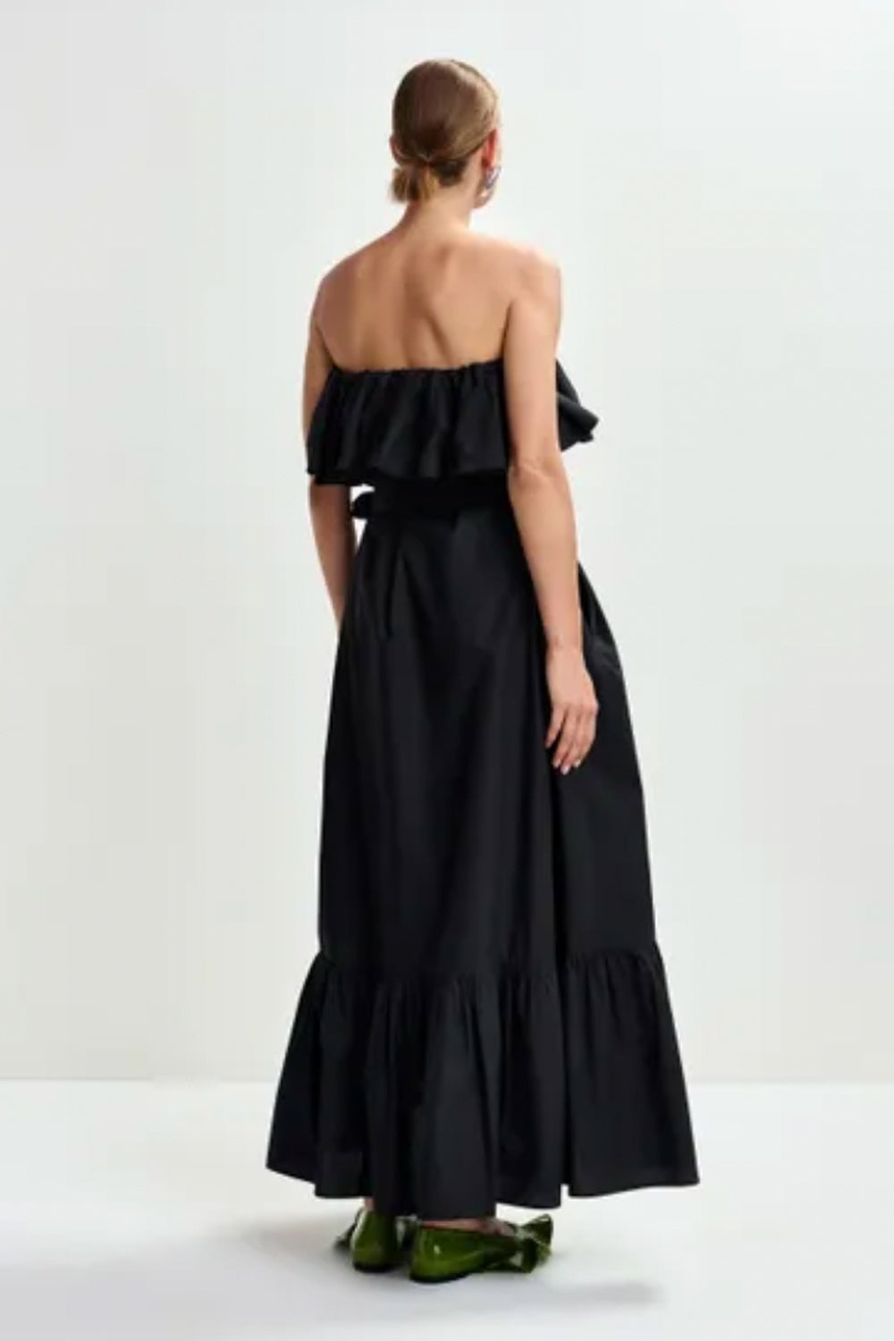 Joyce Belted Strapless Ruffle Maxi Dress in Black