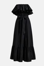 Joyce Belted Strapless Ruffle Maxi Dress in Black