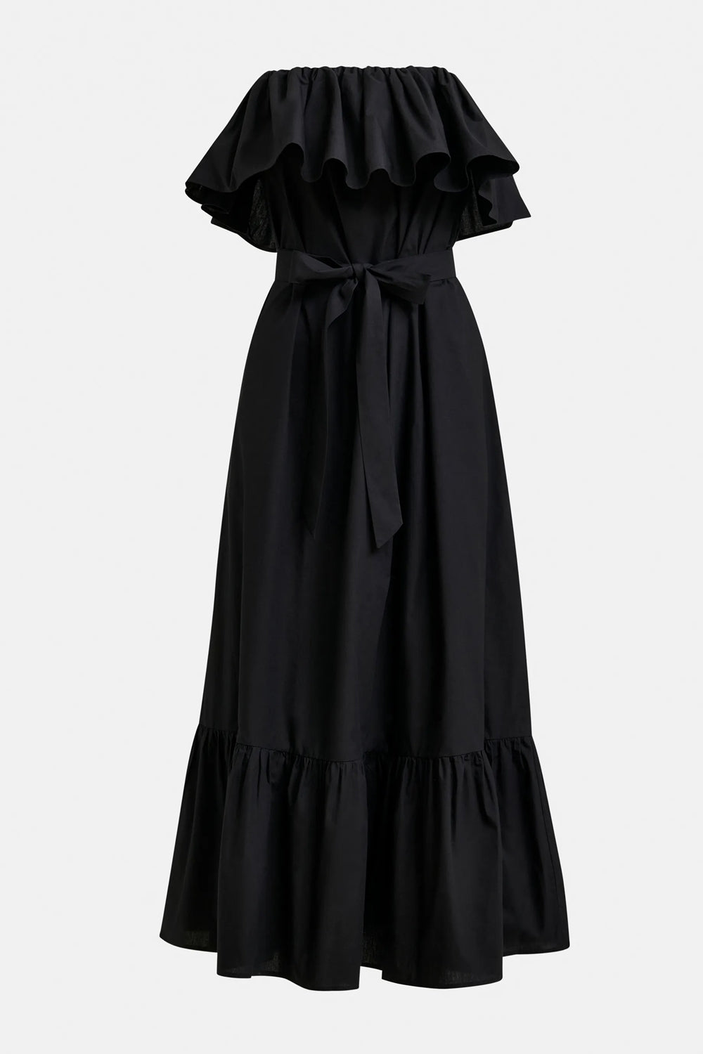 Joyce Belted Strapless Ruffle Maxi Dress in Black
