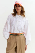 Joella Cotton Shirt with Applique Flowers in White