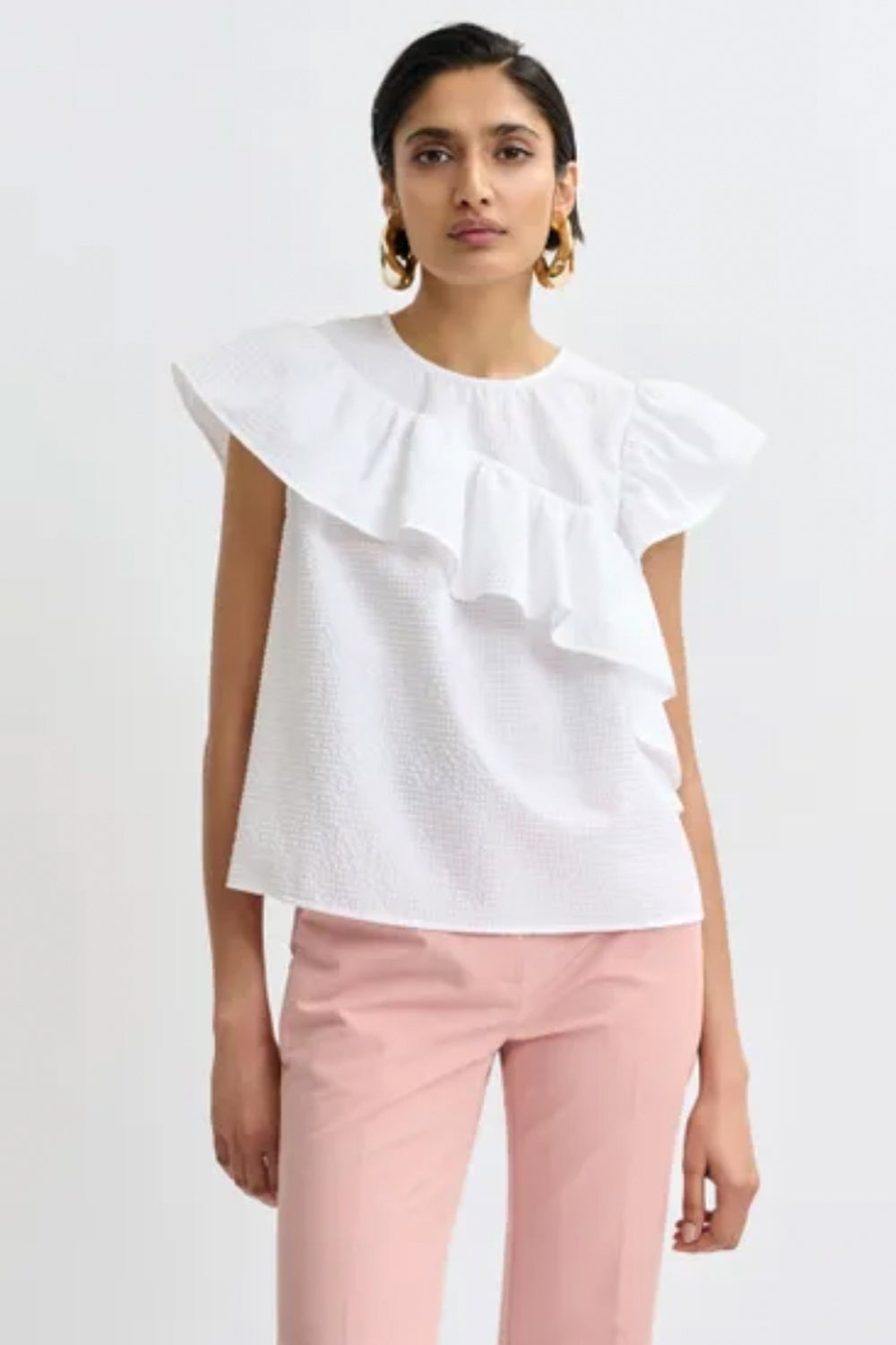 Joojoo Asymmetrical Ruffle Top in White