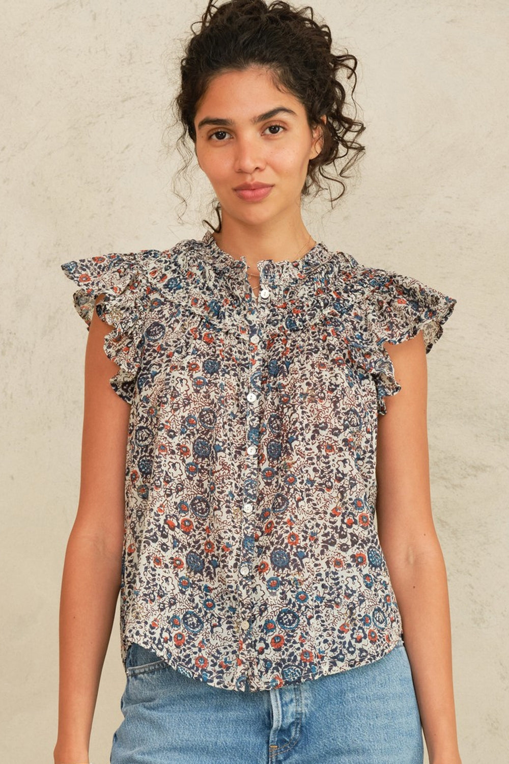 Cass Print Frill Top in Indigo/Rust