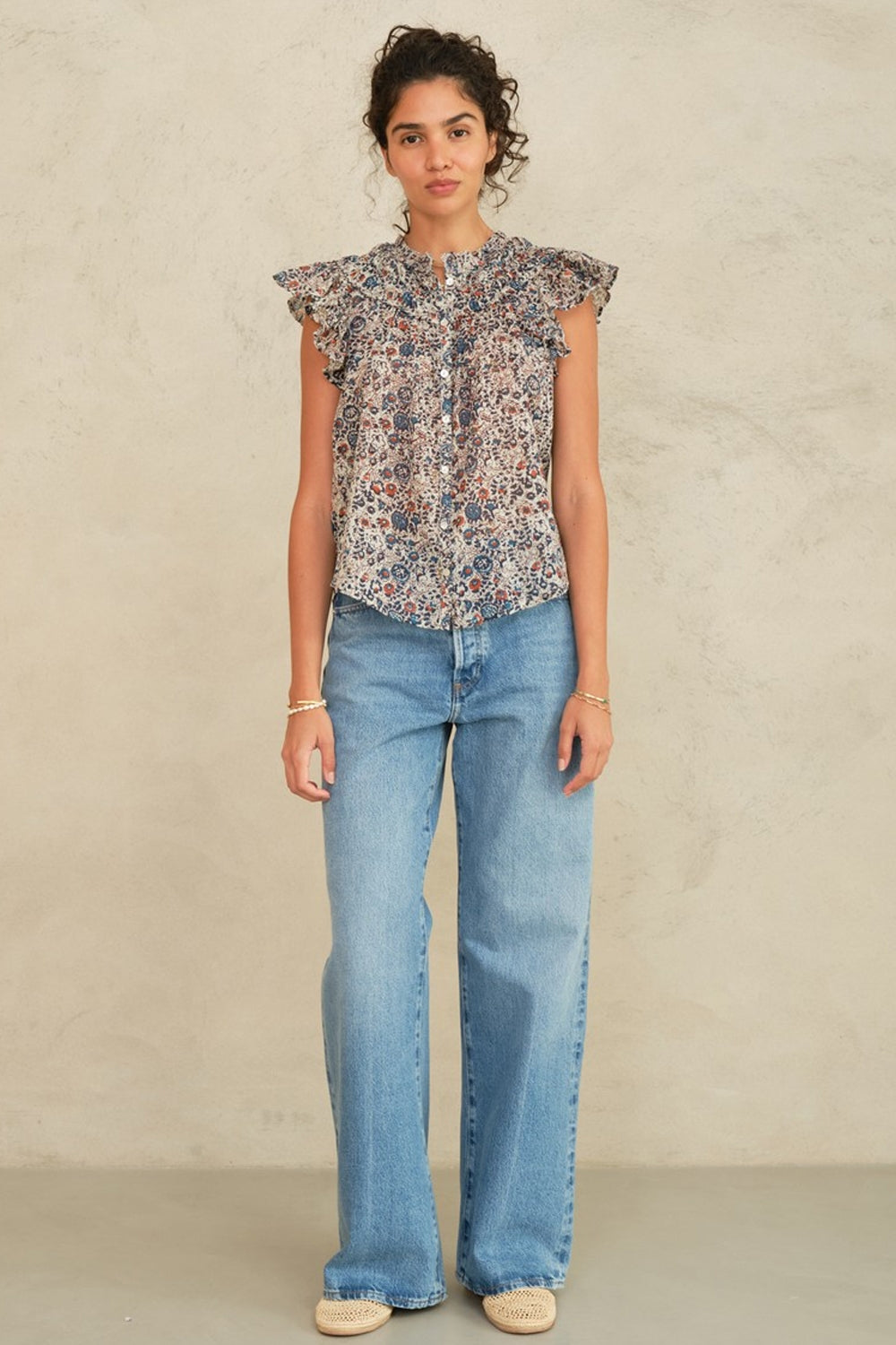 Cass Print Frill Top in Indigo/Rust