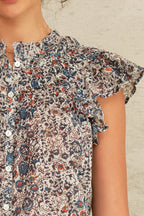 Cass Print Frill Top in Indigo/Rust