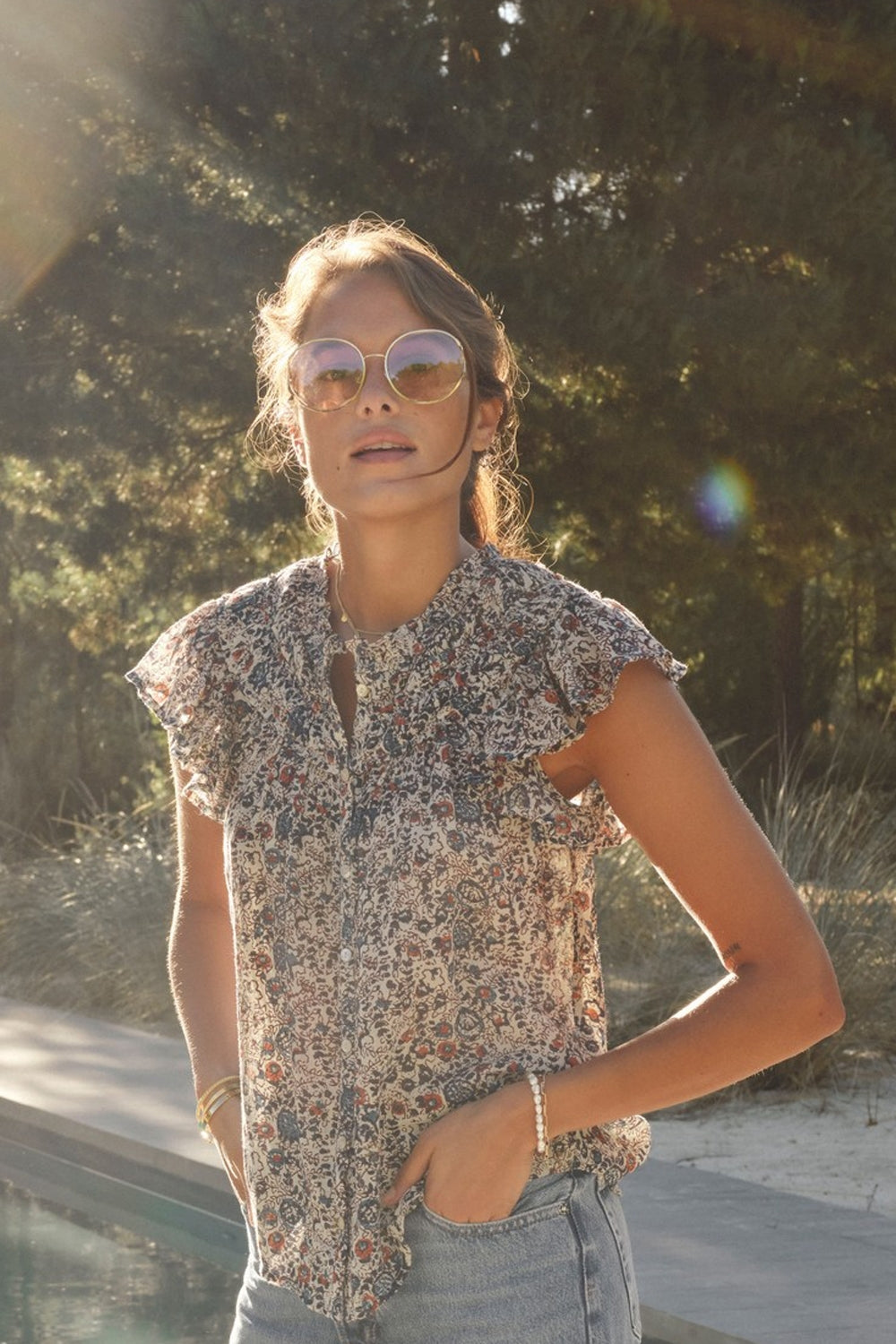 Cass Print Frill Top in Indigo/Rust