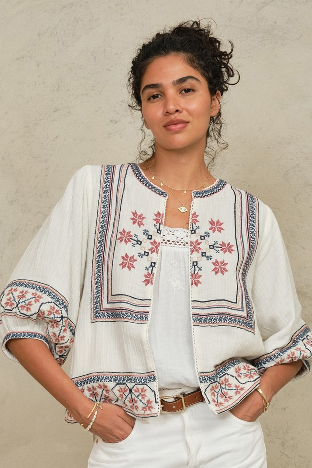 Calista Embroidered Jacket in Ecru/Multi