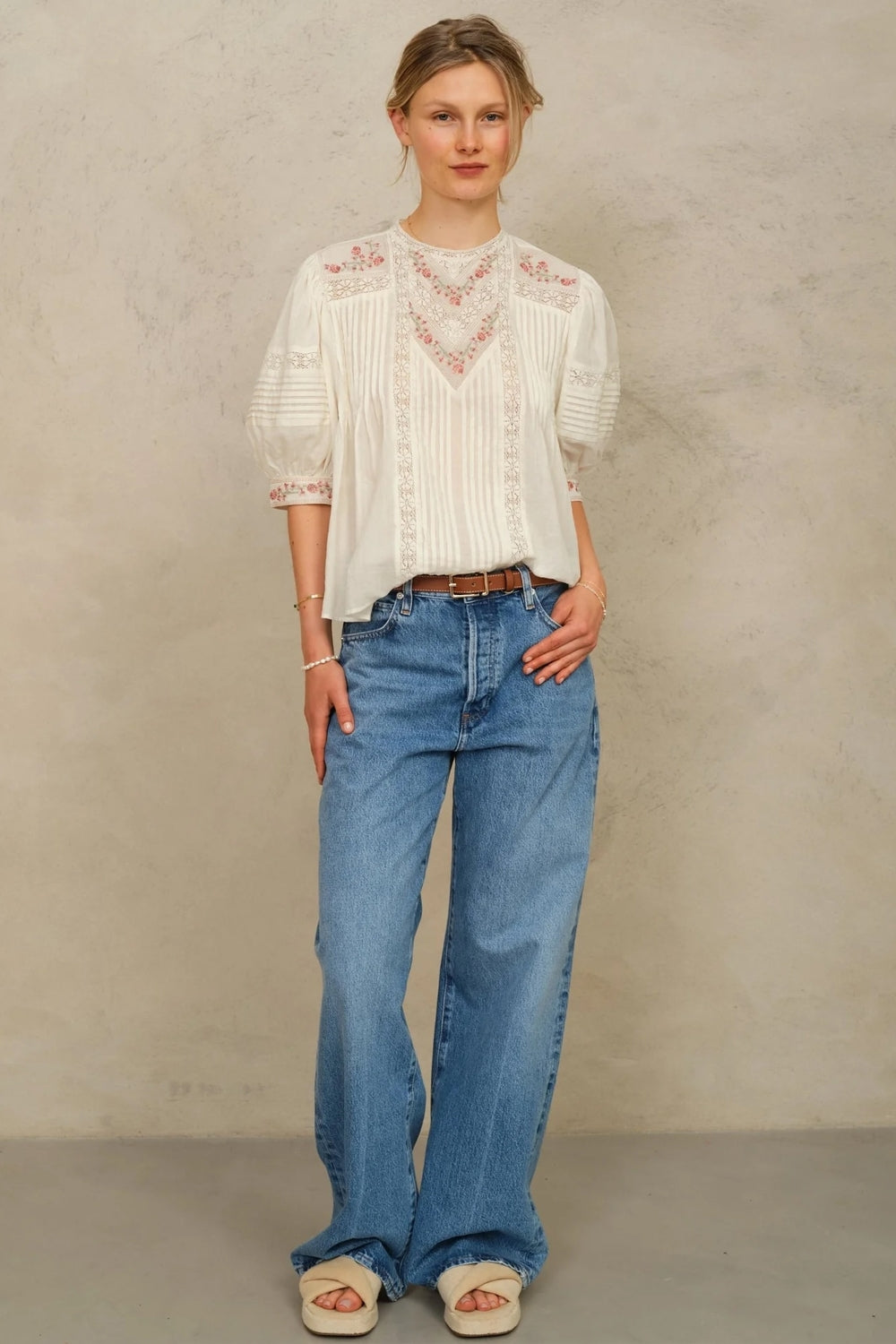 Fleur Embroidered Short Sleeve Top in Ecru/Multi