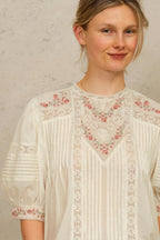 Fleur Embroidered Short Sleeve Top in Ecru/Multi