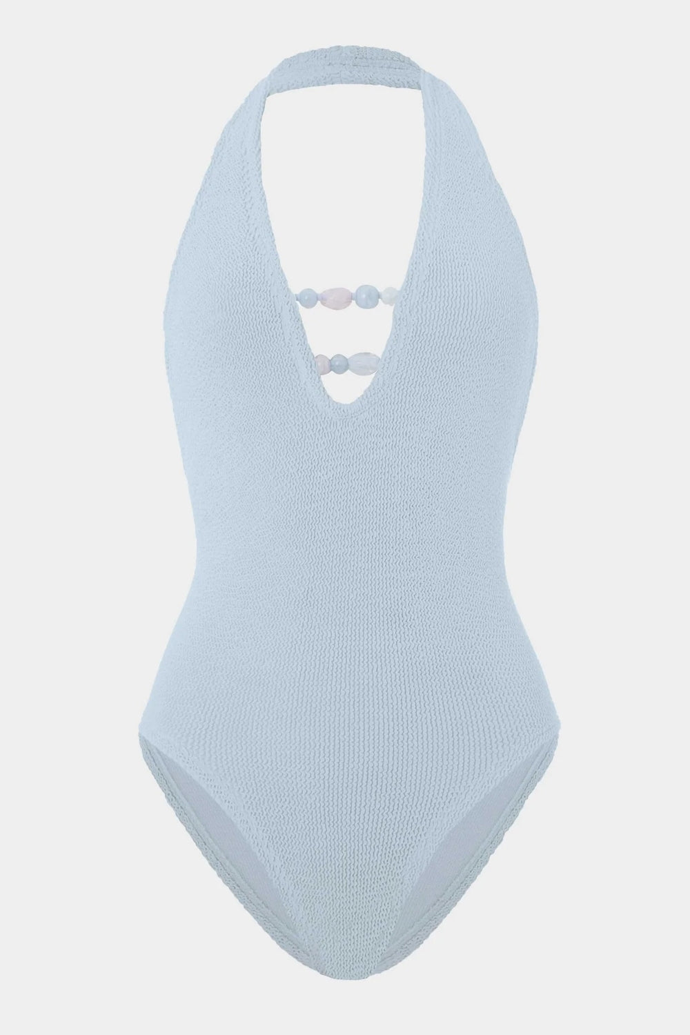 Adriana Beaded Swimsuit in Metallic Ice Blue