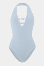 Adriana Beaded Swimsuit in Metallic Ice Blue