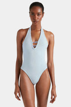 Adriana Beaded Swimsuit in Metallic Ice Blue