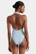 Adriana Beaded Swimsuit in Metallic Ice Blue