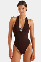 Adriana Beaded Swimsuit in Metallic Chocolate