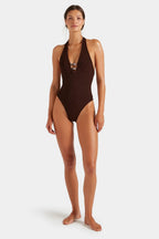 Adriana Beaded Swimsuit in Metallic Chocolate