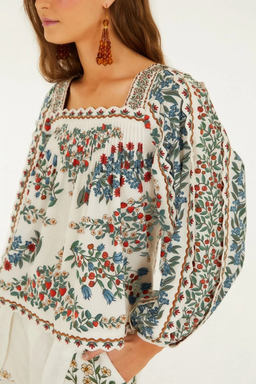 Fruit Beauty Scarf Long Sleeve Blouse in Off White