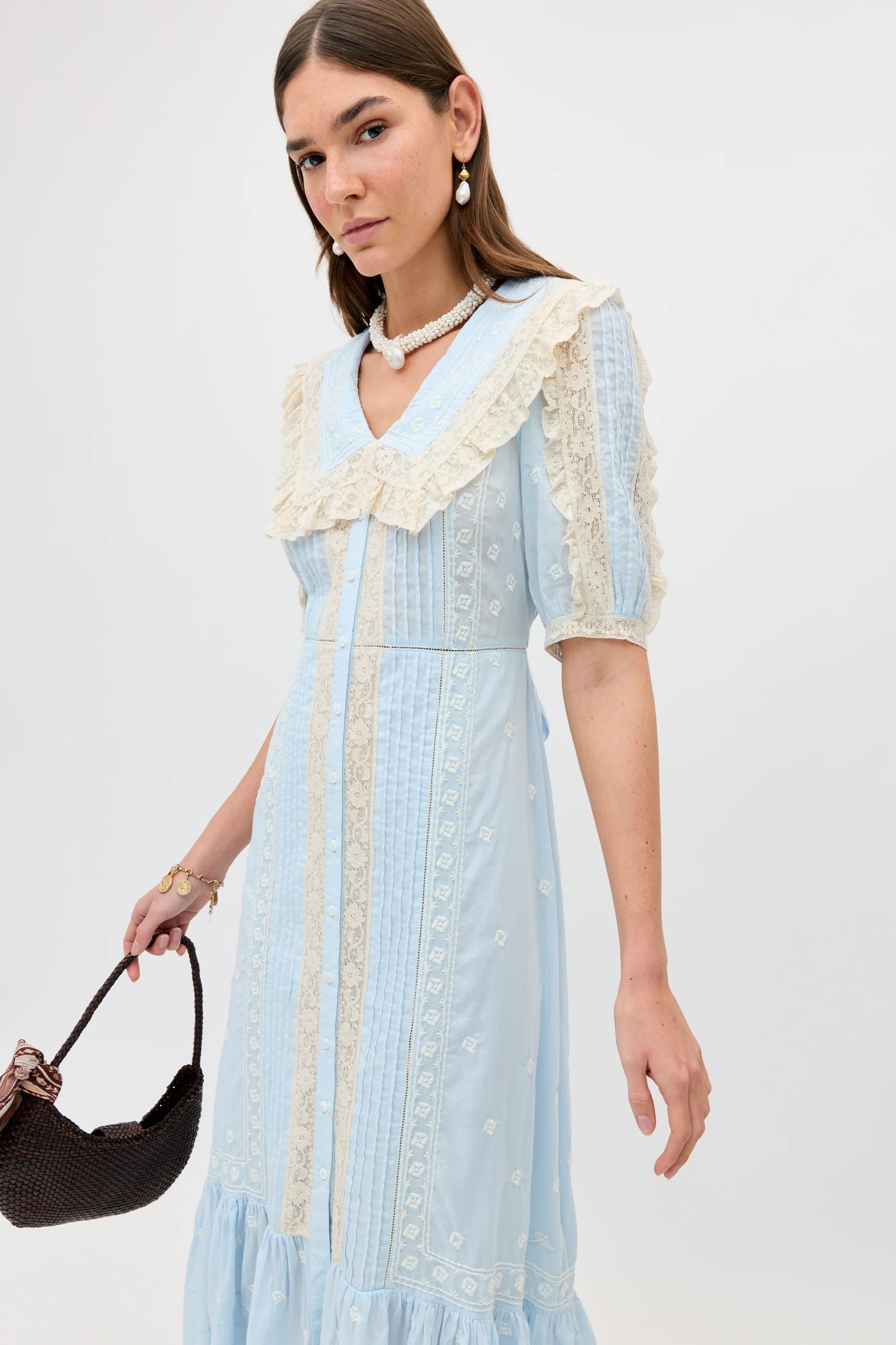 Edina Dress in Mira Embroidery Powder Blue