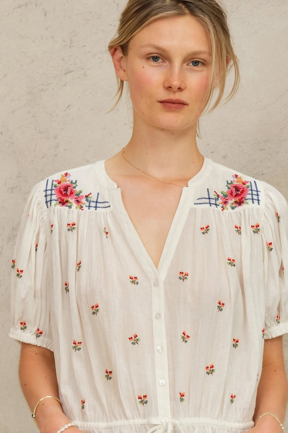 Harlie Embroidered Short Sleeve Top in Ecru