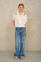 Harlie Embroidered Short Sleeve Top in Ecru
