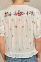 Harlie Embroidered Short Sleeve Top in Ecru