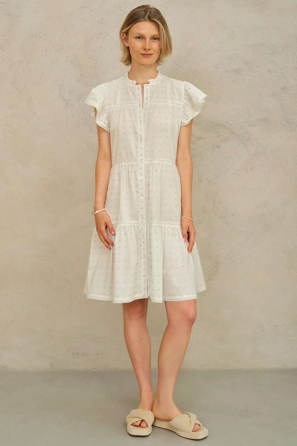 Rita Woven Frill Sun Dress in Ecru