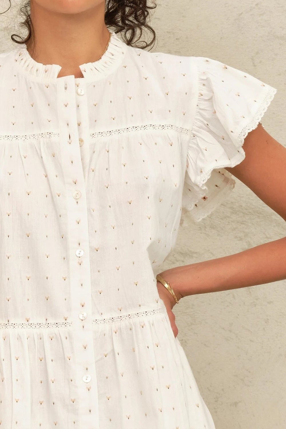 Rita Woven Frill Sun Dress in Ecru