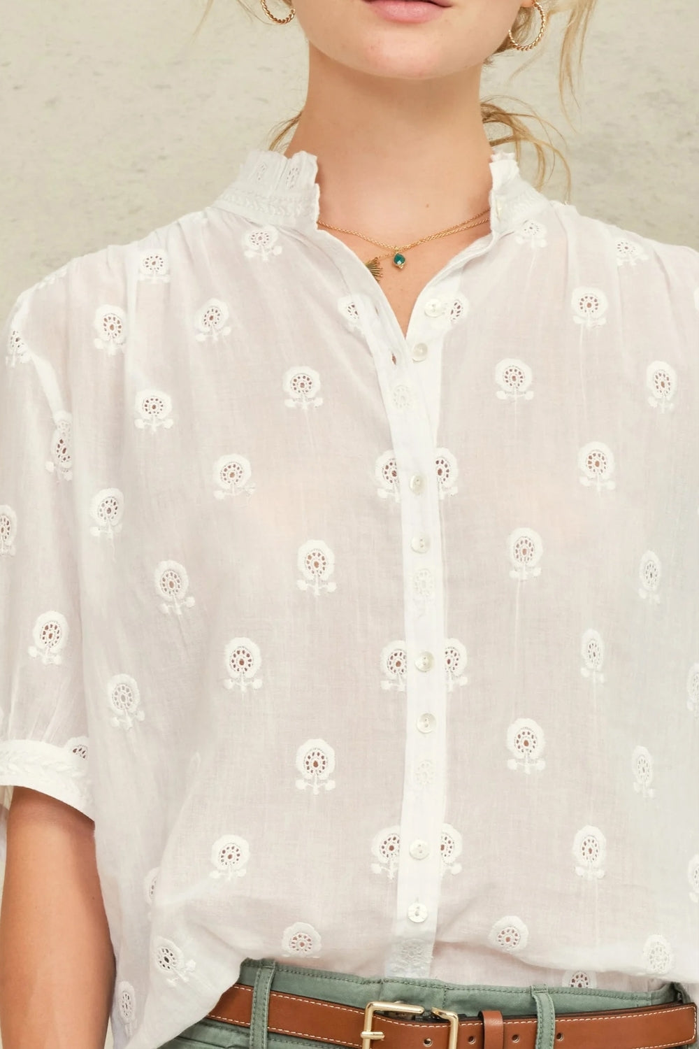 Frani Embroidered Short Sleeve Top in White