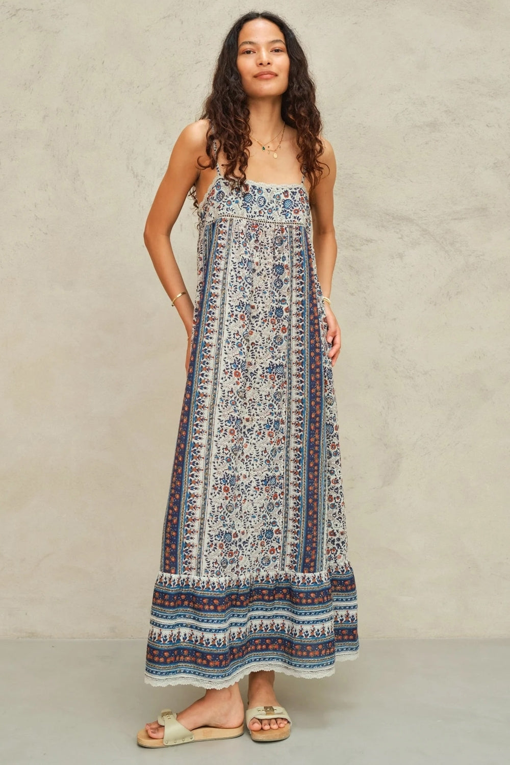 Cass Print Maxi Sun Dress in Indigo / Rust