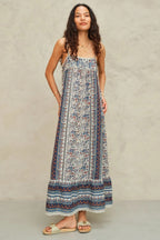 Cass Print Maxi Sun Dress in Indigo / Rust