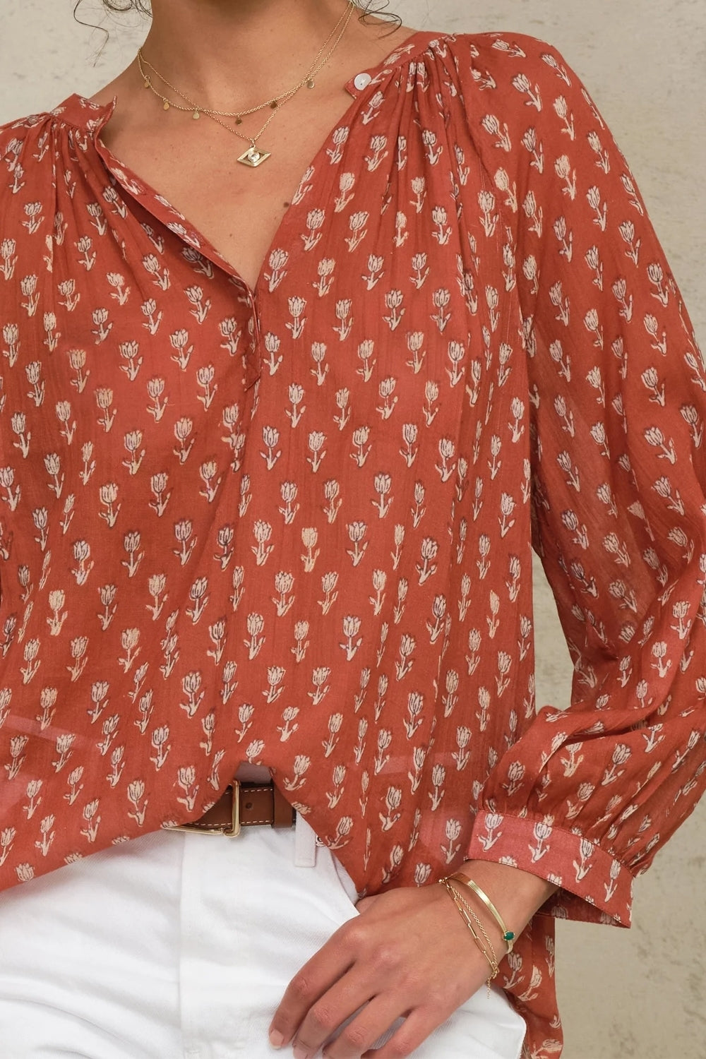 Ari Print Long Sleeve Top in Rust
