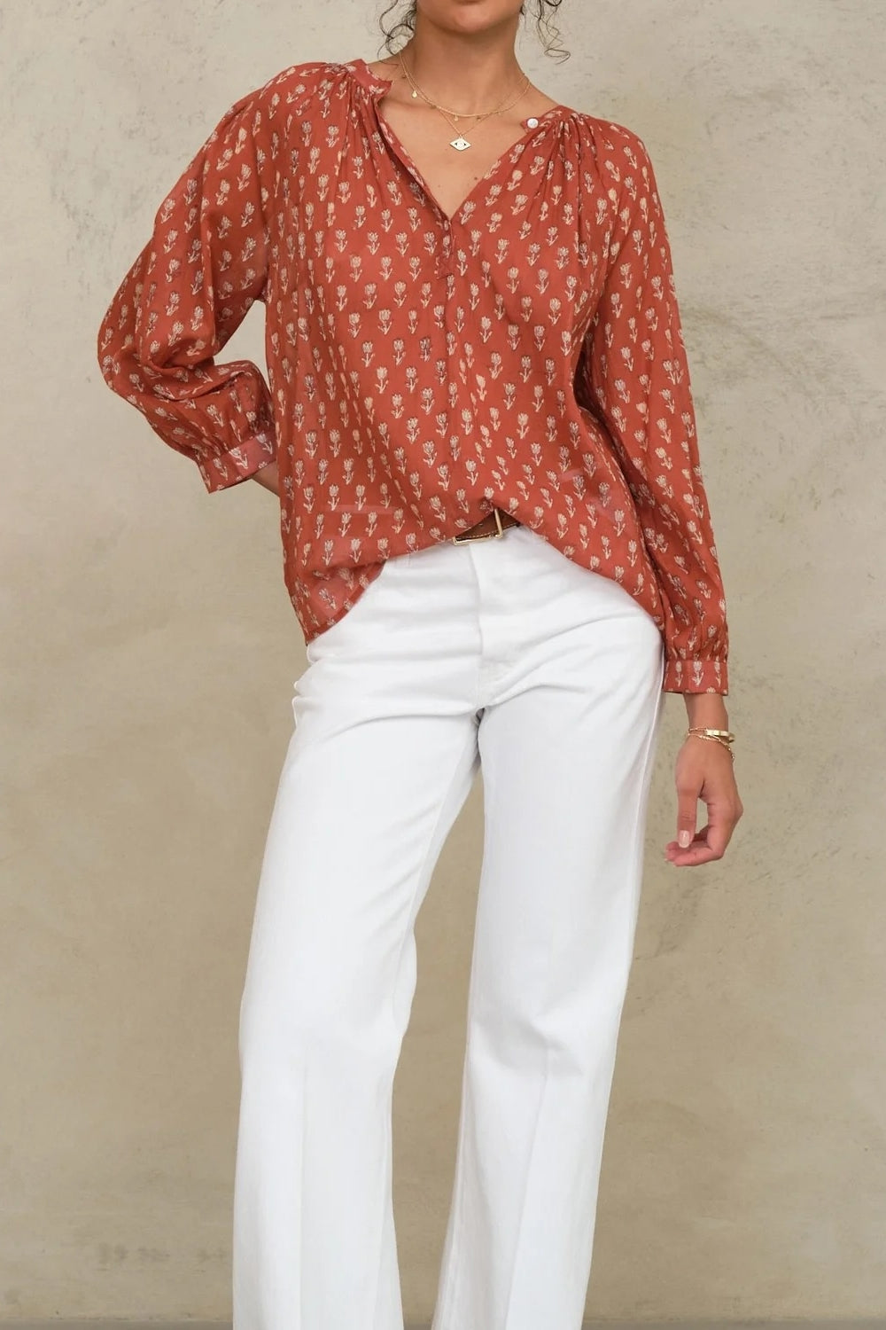 Ari Print Long Sleeve Top in Rust