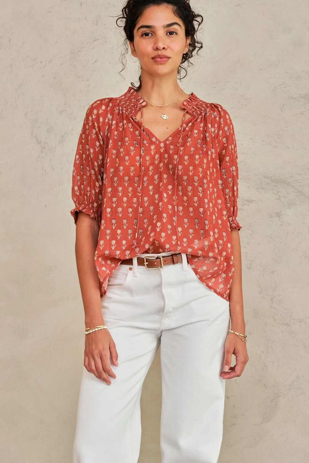 Ari Print Short Sleeve Top in Rust