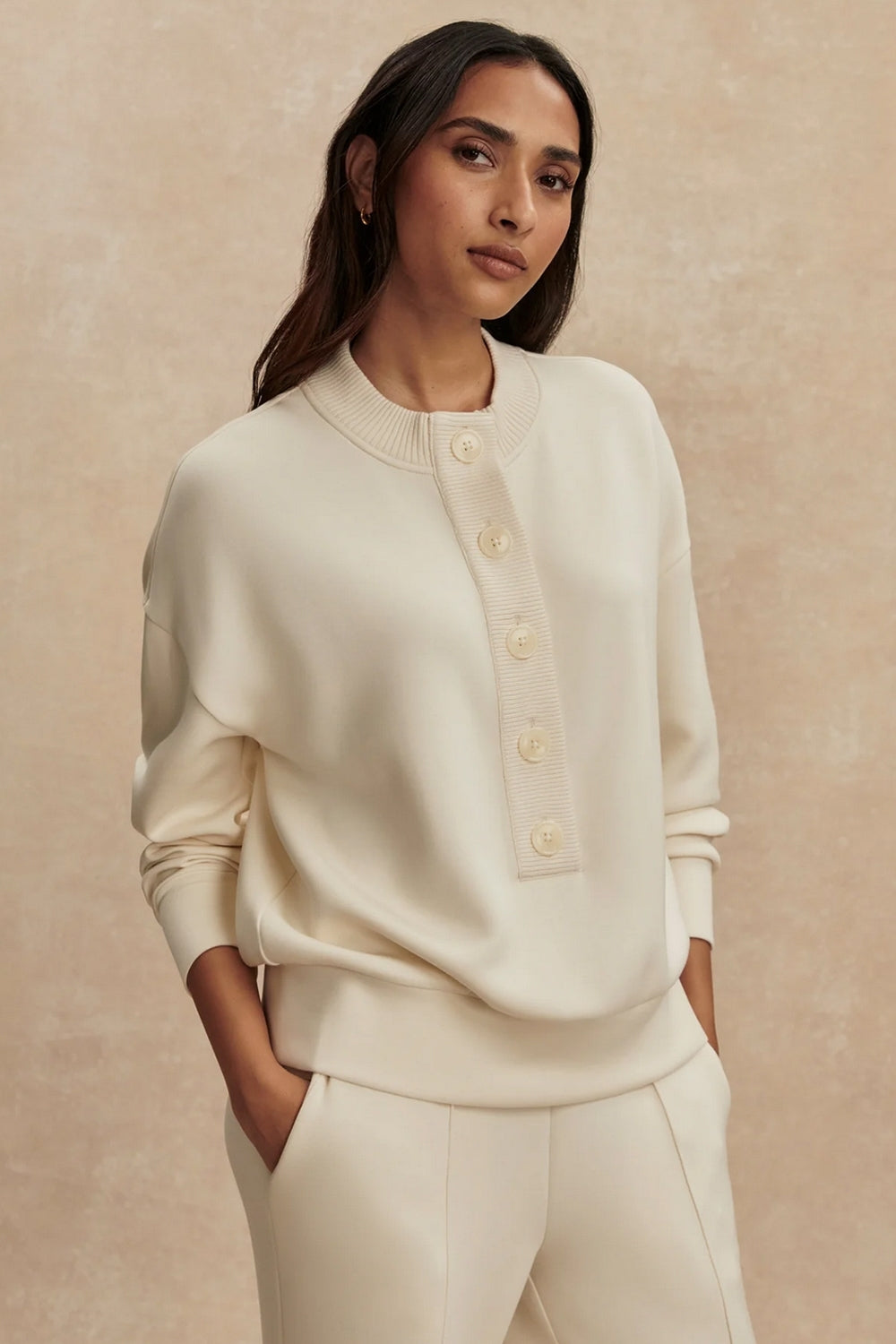 Reena Button Front Sweat in Pristine