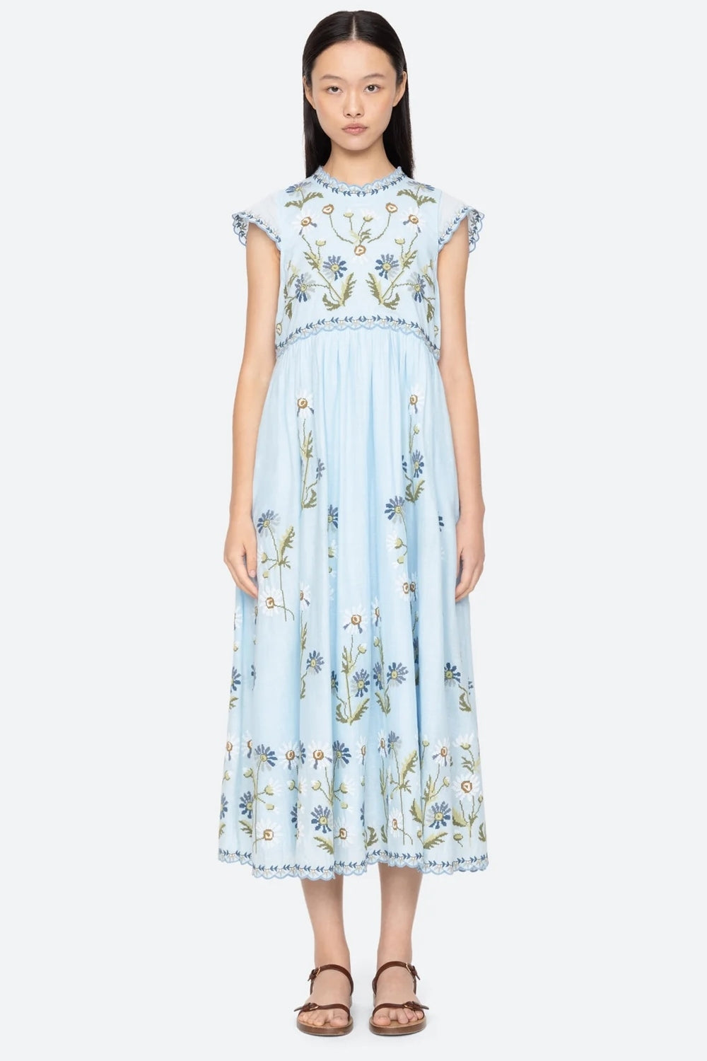 Audra Embroidery Midi Dress in Blue