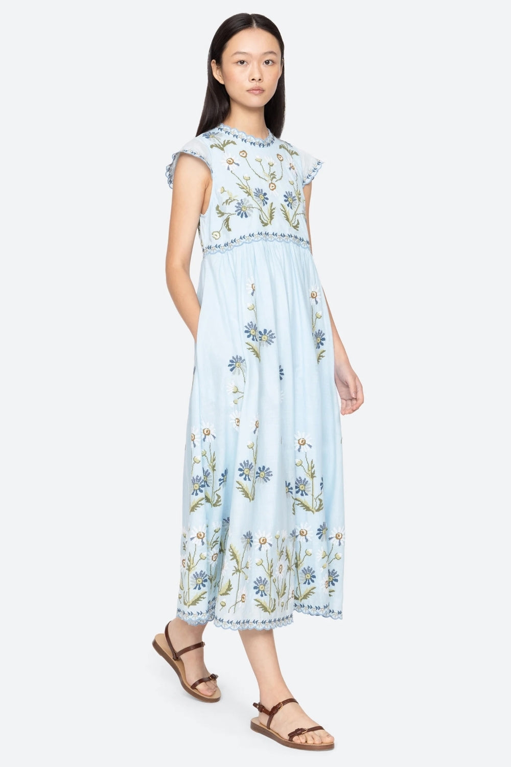 Audra Embroidery Midi Dress in Blue