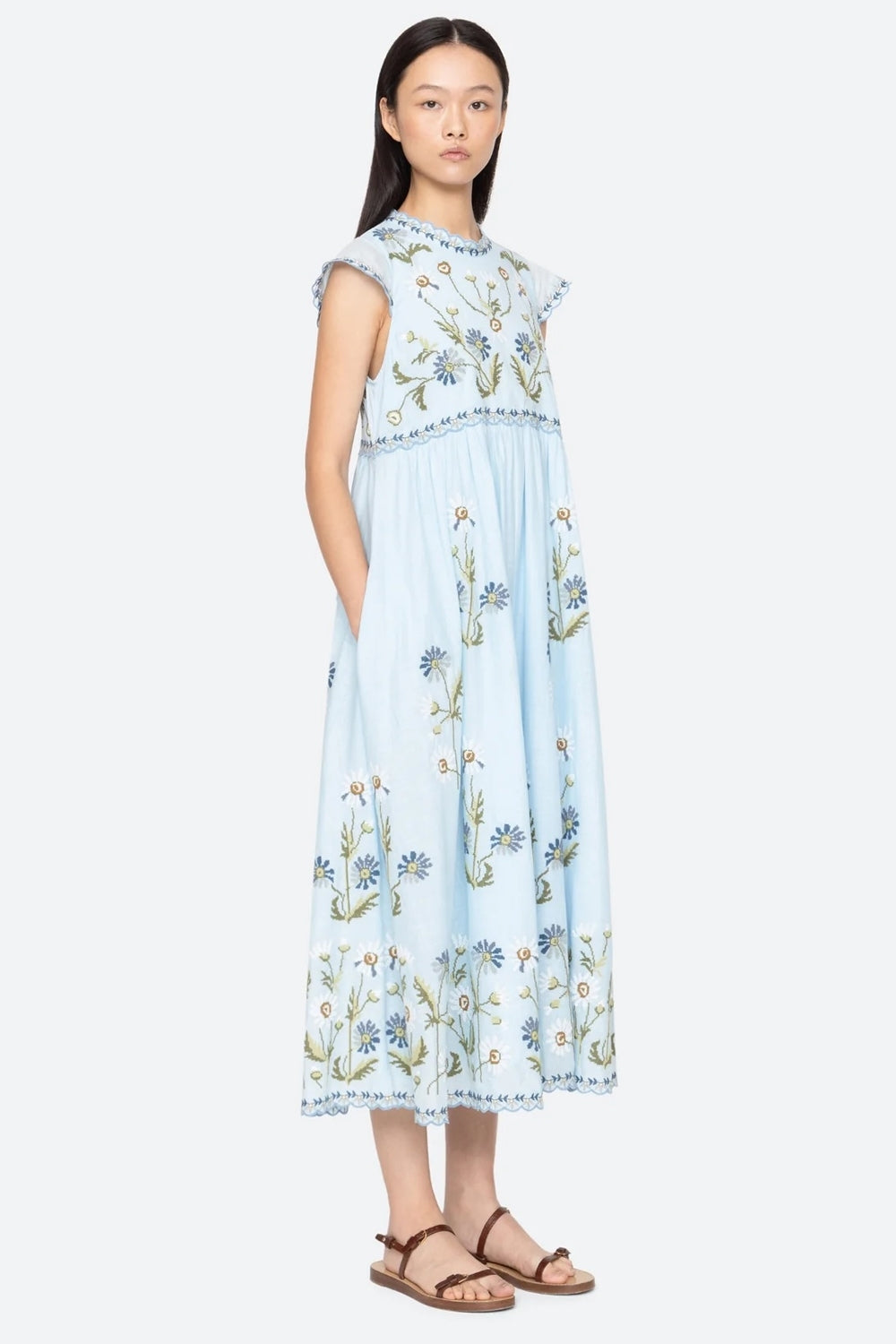 Audra Embroidery Midi Dress in Blue