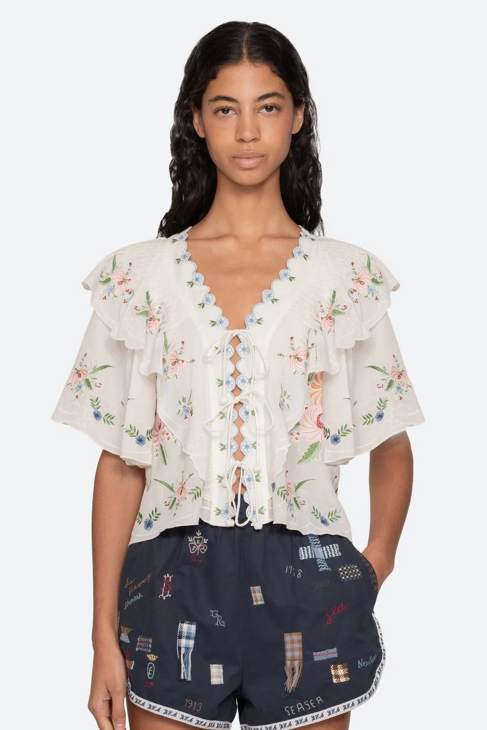 Serafina Embroidery Short Sleeve Top in Cream