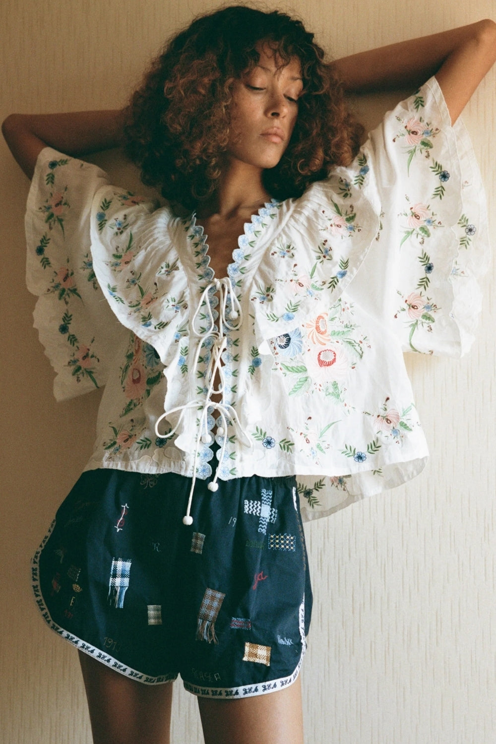 Serafina Embroidery Short Sleeve Top in Cream