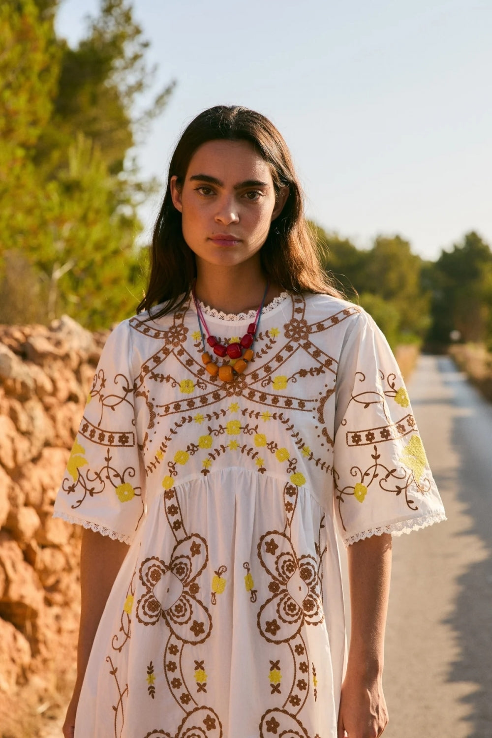 Amapola Embroidery Dress in Crudo