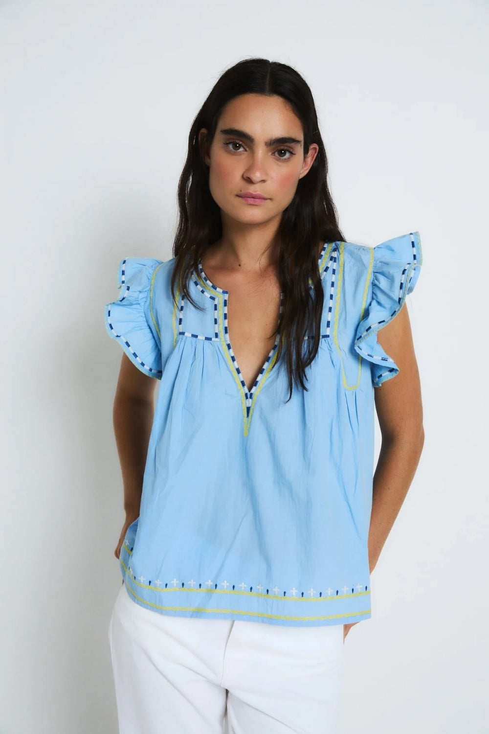 Aura Embroidery Blouse in Azul