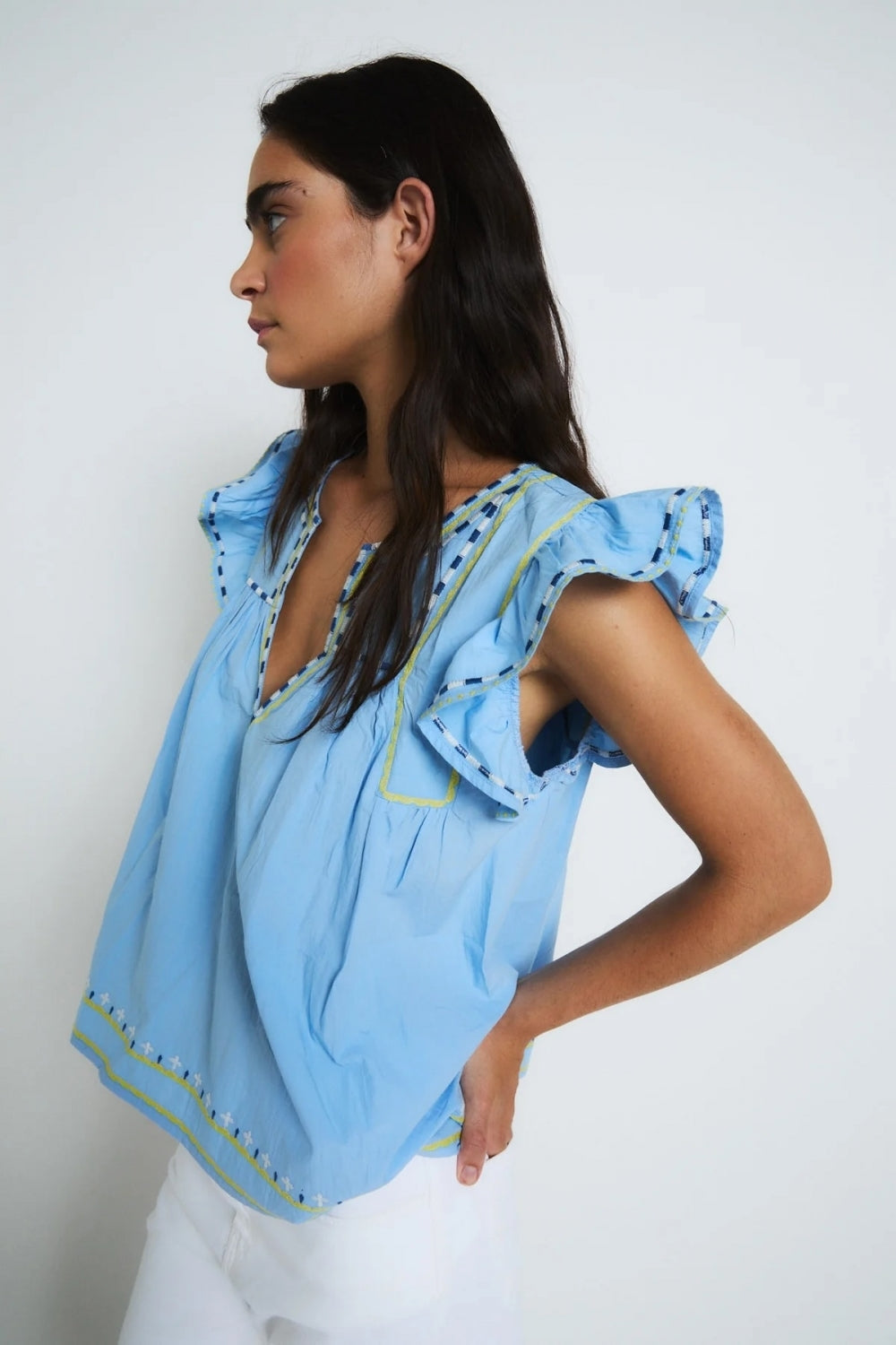 Aura Embroidery Blouse in Azul